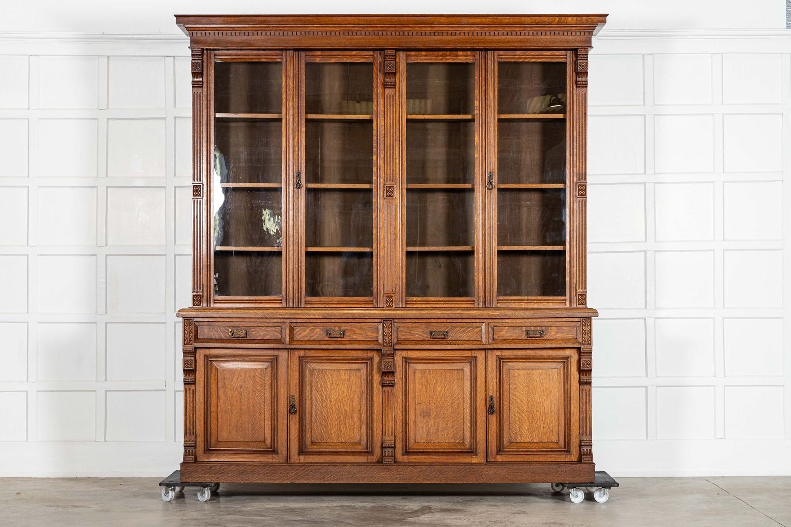 Monumental English 19thc Oak Glazed Library Bookcase