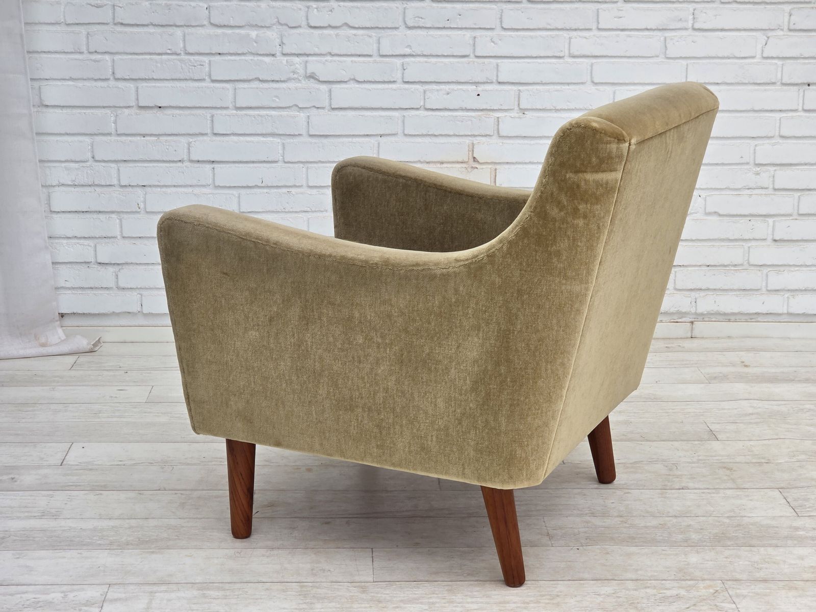 Furniture 1970s, Danish Armchair, Original Green Furniture Velour, Teak Wood Legs. photo