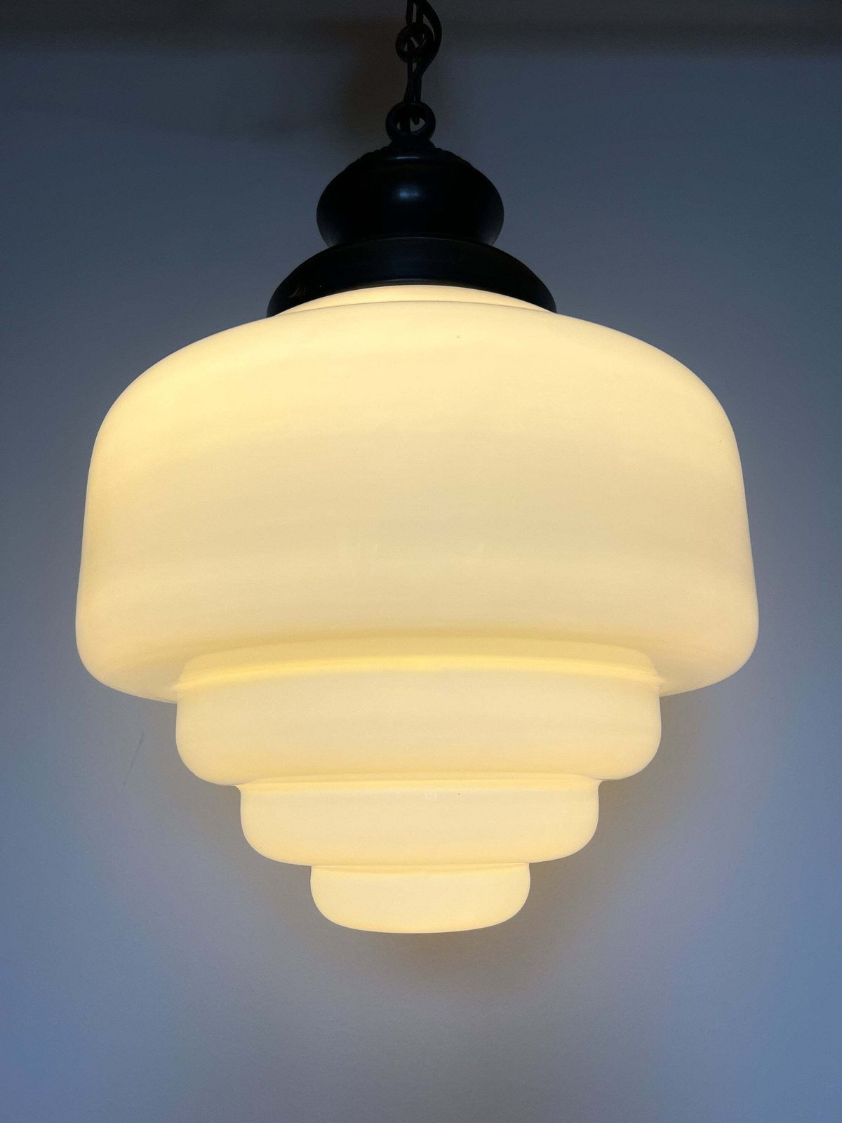 Vintage Large Opaline Glass Pendant Lamp – Excellent Condition – France – 1930s photo for sale