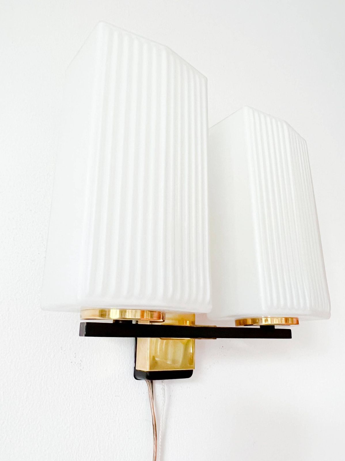 Vintage Wall Lamp With Opal Glass Shades   Brass, Glass   Europe   60s photo furniture