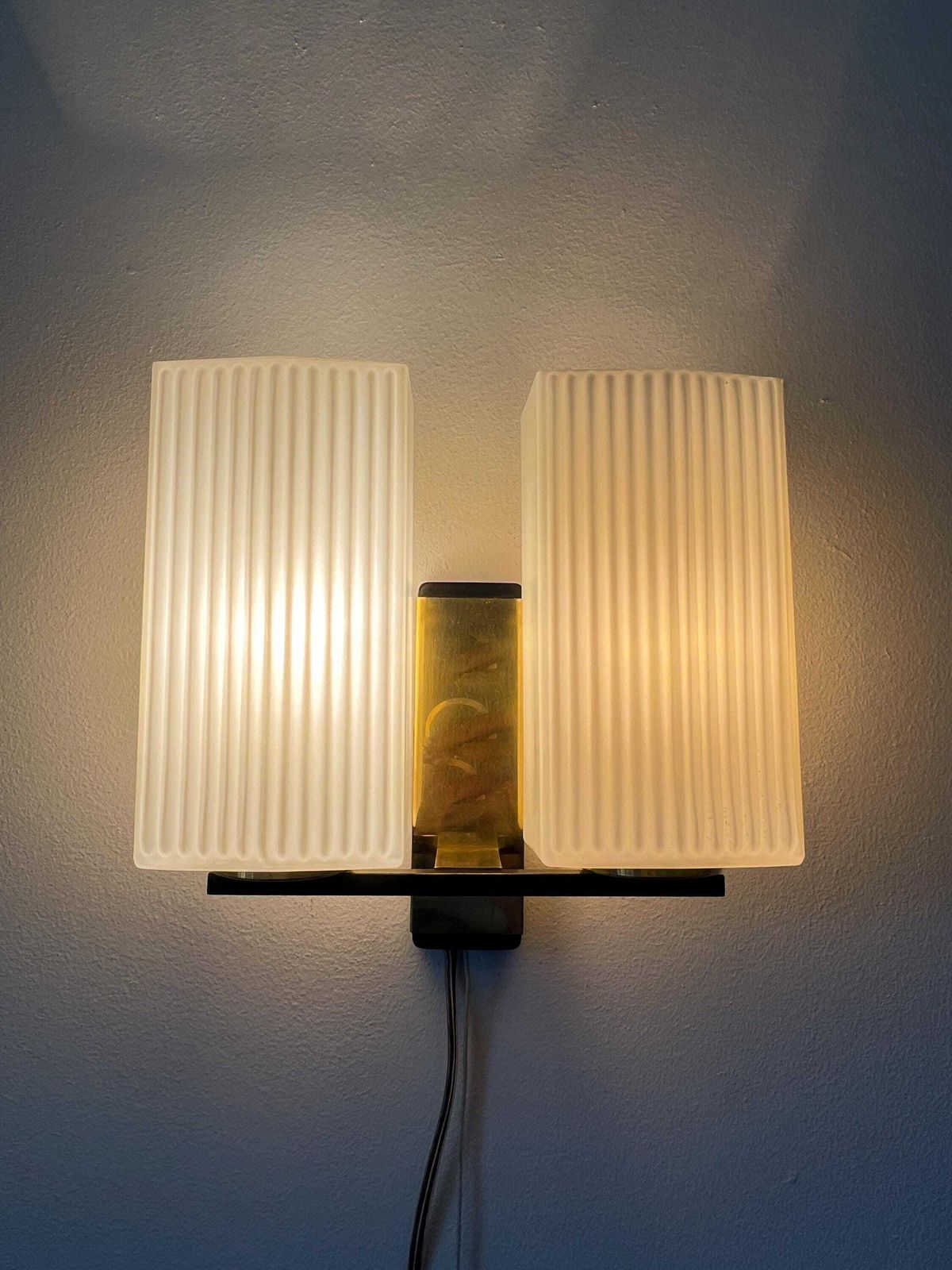 Vintage Wall Lamp With Opal Glass Shades   Brass, Glass   Europe   60s photo vinterior
