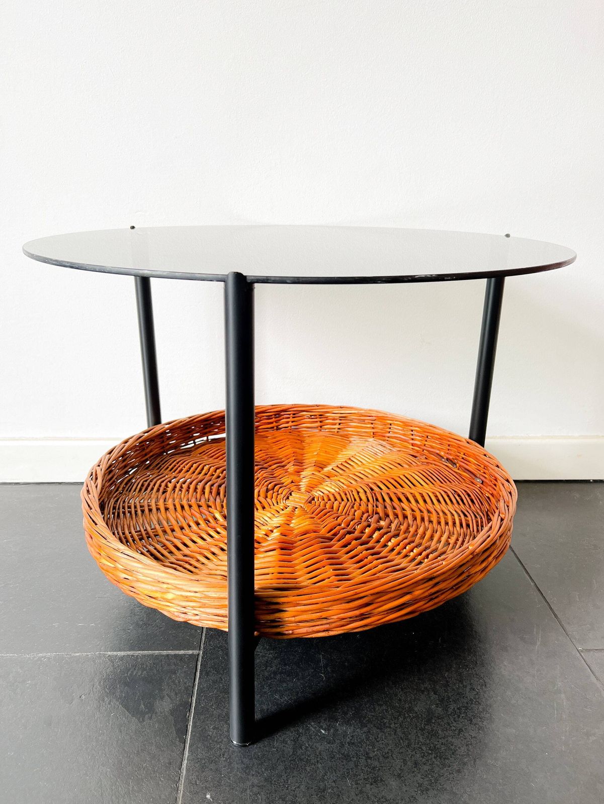 Vintage Coffee Table / Side Table Rohé Noordwolde   Smoked Glass   Wicker Basket   Dutch Design   60s   Mid Century photo Furniture