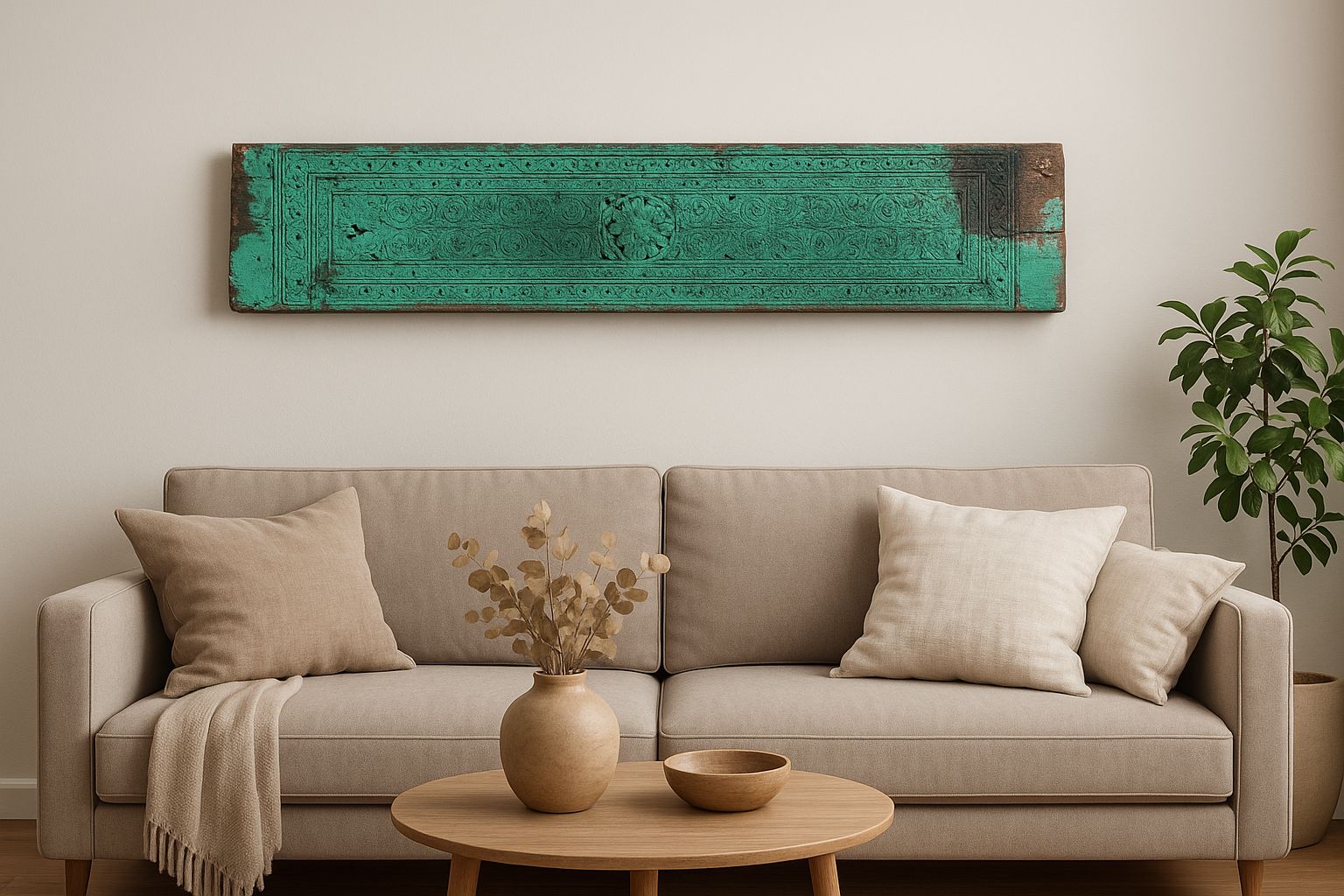 Antique 1930s Indian Hand Carved Teakwood Wall Decor – Tribal Art With Weathered Green Patina photo Art