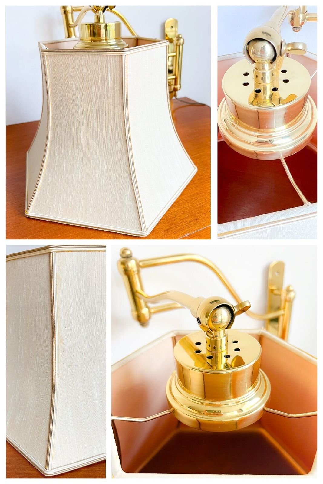 photo for sale Vintage Wall Light With Adjustable Swing Arm   Brass, Off White Lampshade   Mid Century   Gk