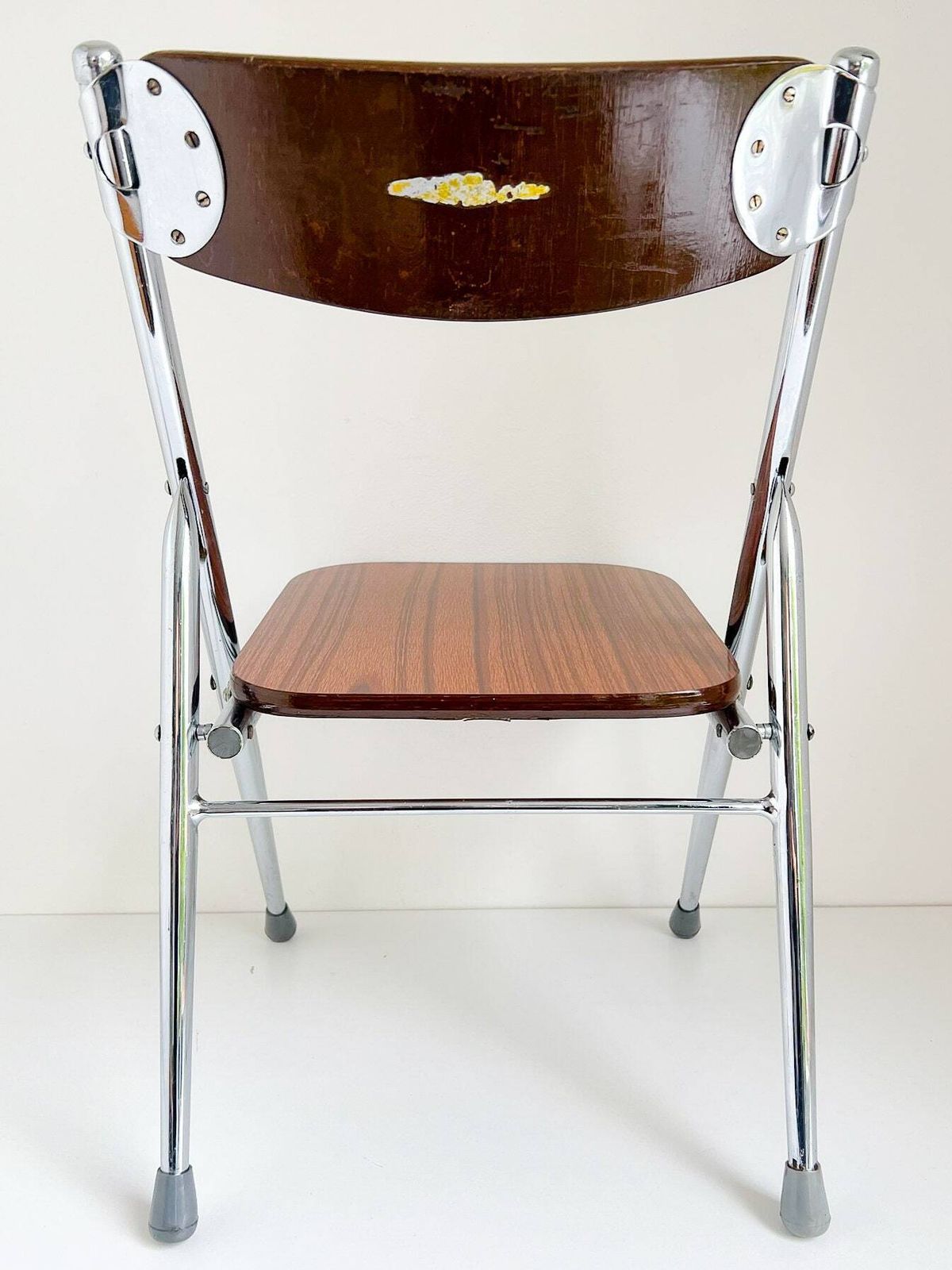 Vintage Kids Foldable Chair   Chrome Tubular Frame, Wood   70s   Mid Century   Industrial photo vinterior