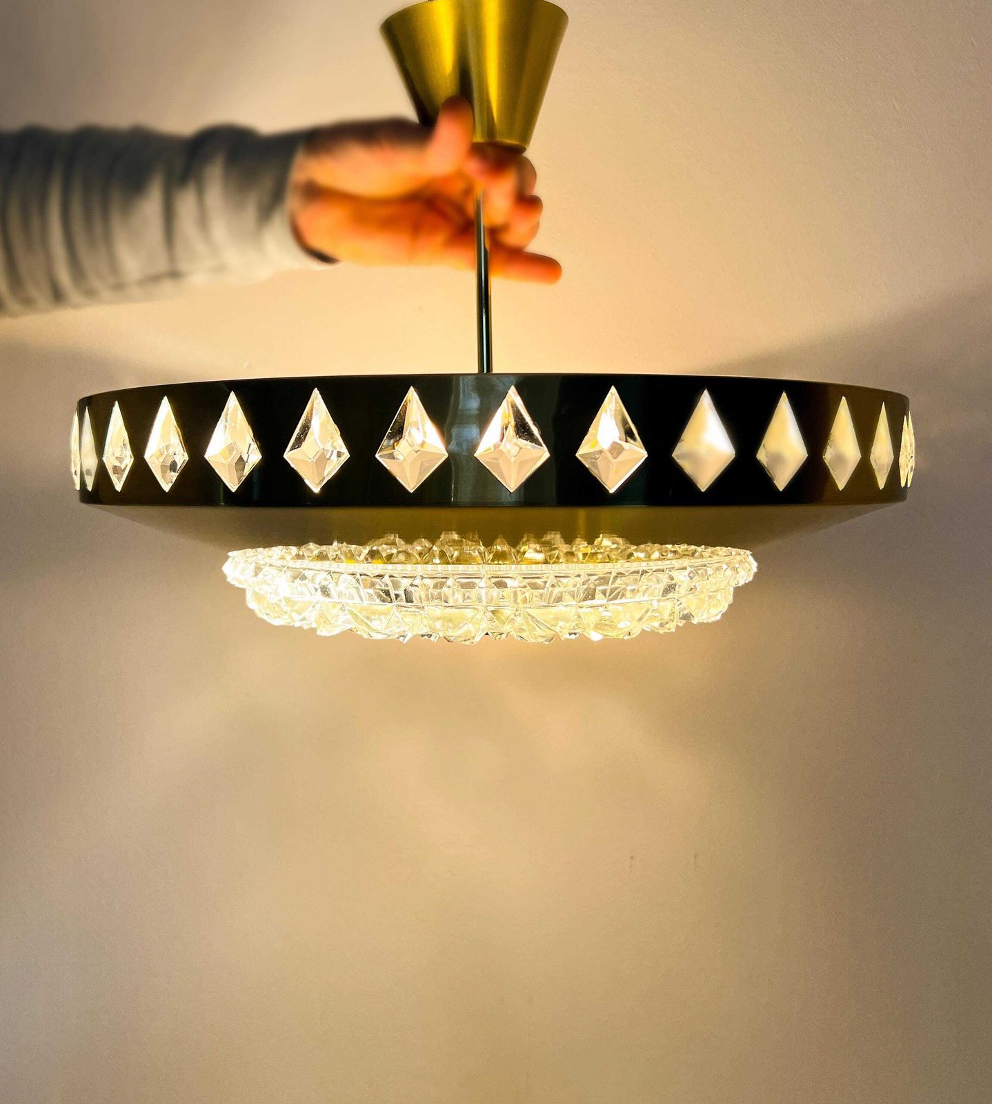 Vintage Pendant Lamp – Vitrika / Orrefors – Scandinavian Design –  Brass, Crystal – 60/70's