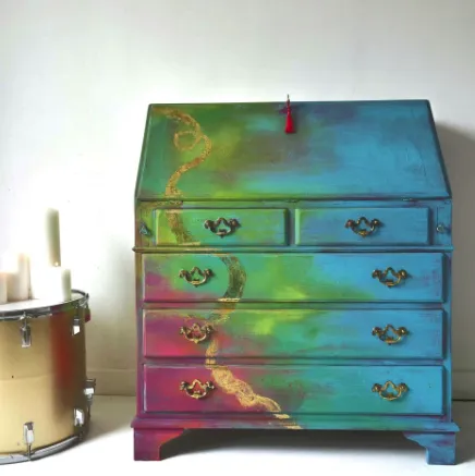 Unique Writing Bureau With Golden Details Named Rapunzel, 5 Drawers, Hand Painted Vintage Colourful Furniture Green Blue Pink Gold, Rainbow