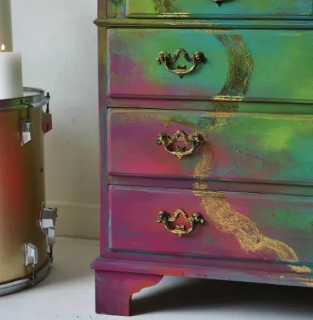 Unique Writing Bureau With Golden Details Named Rapunzel, 5 Drawers, Hand Painted Vintage Colourful Furniture Green Blue Pink Gold, Rainbow photo for sale