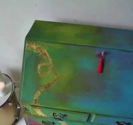 Unique Writing Bureau With Golden Details Named Rapunzel, 5 Drawers, Hand Painted Vintage Colourful Furniture Green Blue Pink Gold, Rainbow photo vinterior