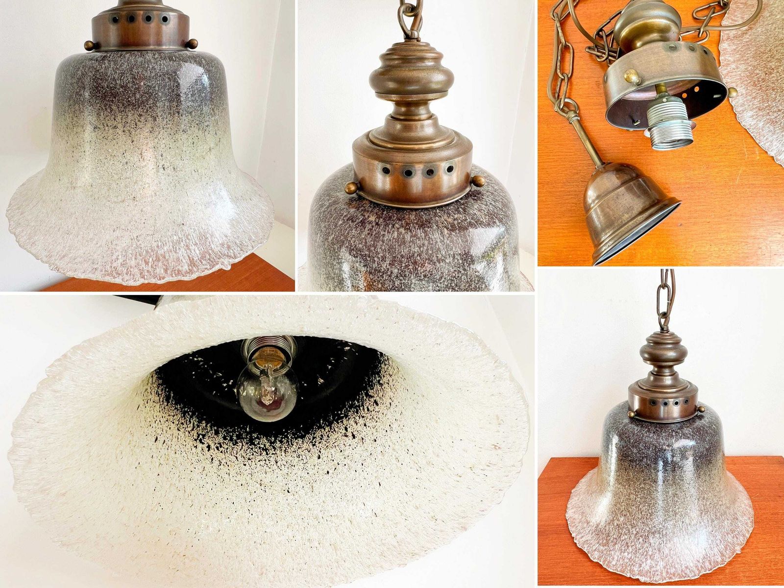 photo for sale Vintage Peill+Putzler Pendant Lamp – Brass, Hand Blown Glass – 70s – Germany – Murano – Daylily – Mushroom