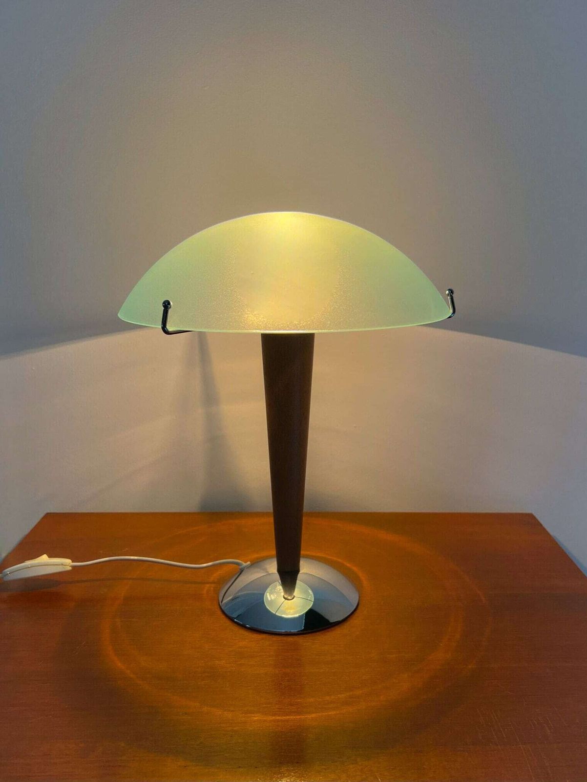 Ikea Kvintol 90s Table Lamp – Frosted Glass, Wood, Chrome – Space Age – Mushroom photo for sale