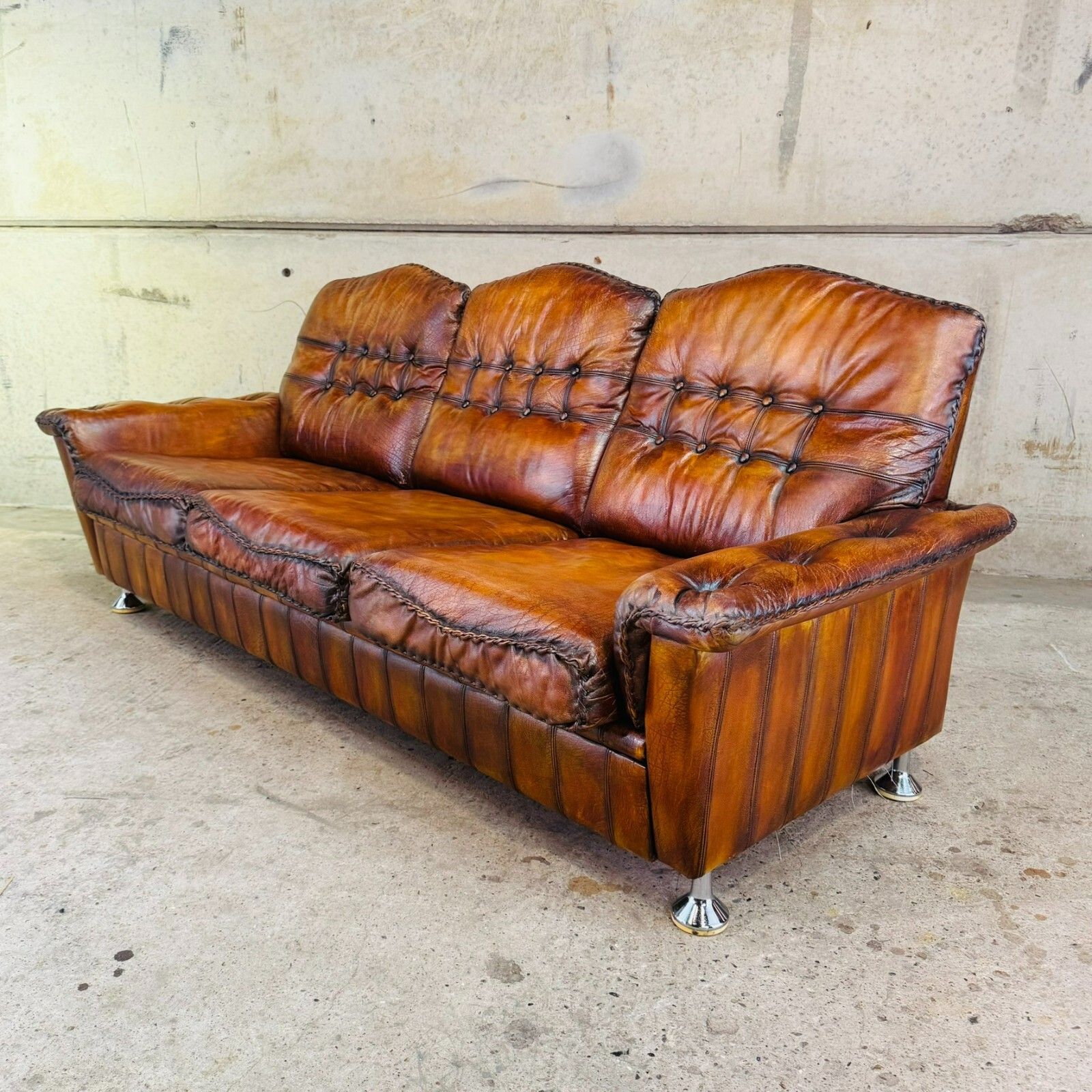 1970s Danish Rustic Tan Leather 3 Seater Sofa – Full Grain Buffalo #A597 photo Furniture