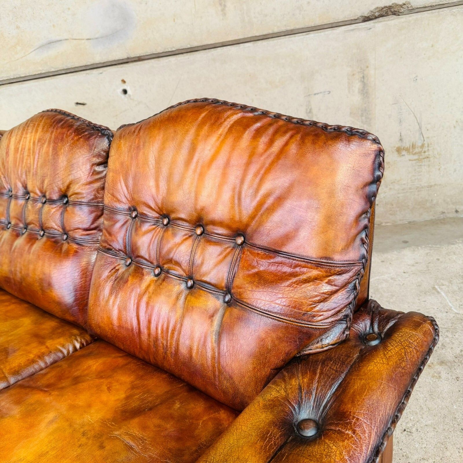 1970s Danish Rustic Tan Leather 3 Seater Sofa – Full Grain Buffalo #A597 photo 1403.0