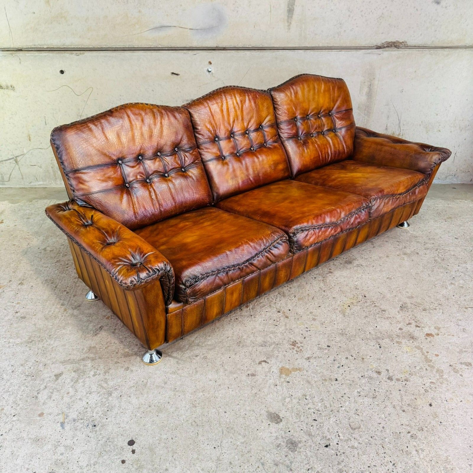1970s Danish Rustic Tan Leather 3 Seater Sofa – Full Grain Buffalo #A597 photo buy
