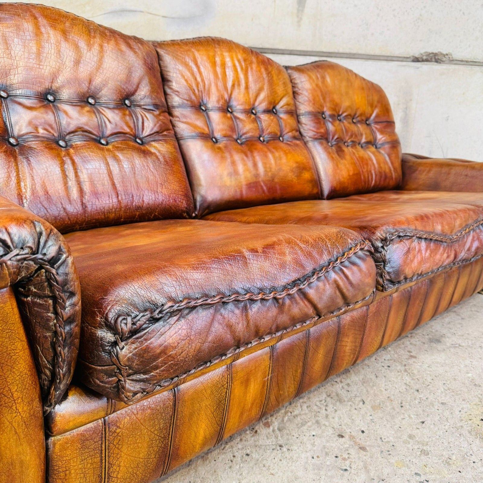 Furniture 1970s Danish Rustic Tan Leather 3 Seater Sofa – Full Grain Buffalo #A597 photo