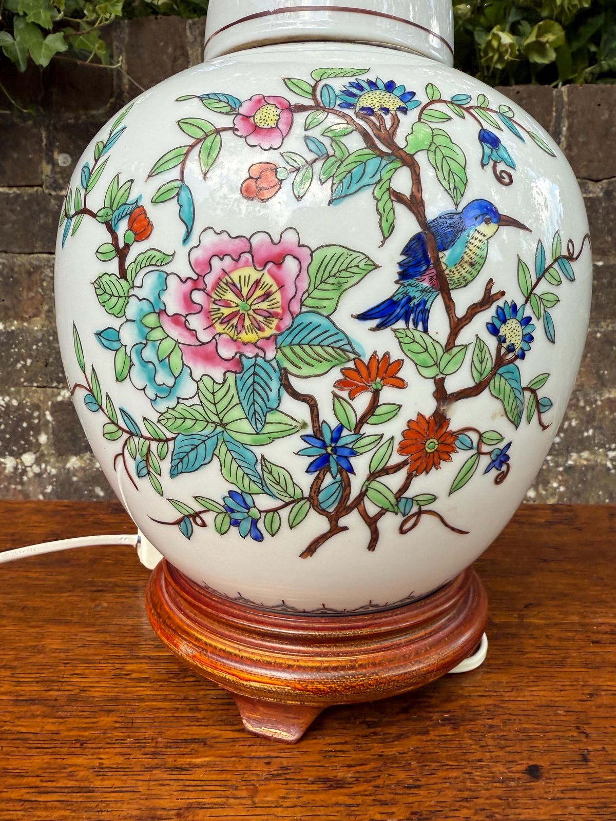 Vintage Oriental Style Porcelain 1970s Lamp, Floral Chinoiserie Table Lamp With Wooden Base, Hand Painted, Working photo furniture