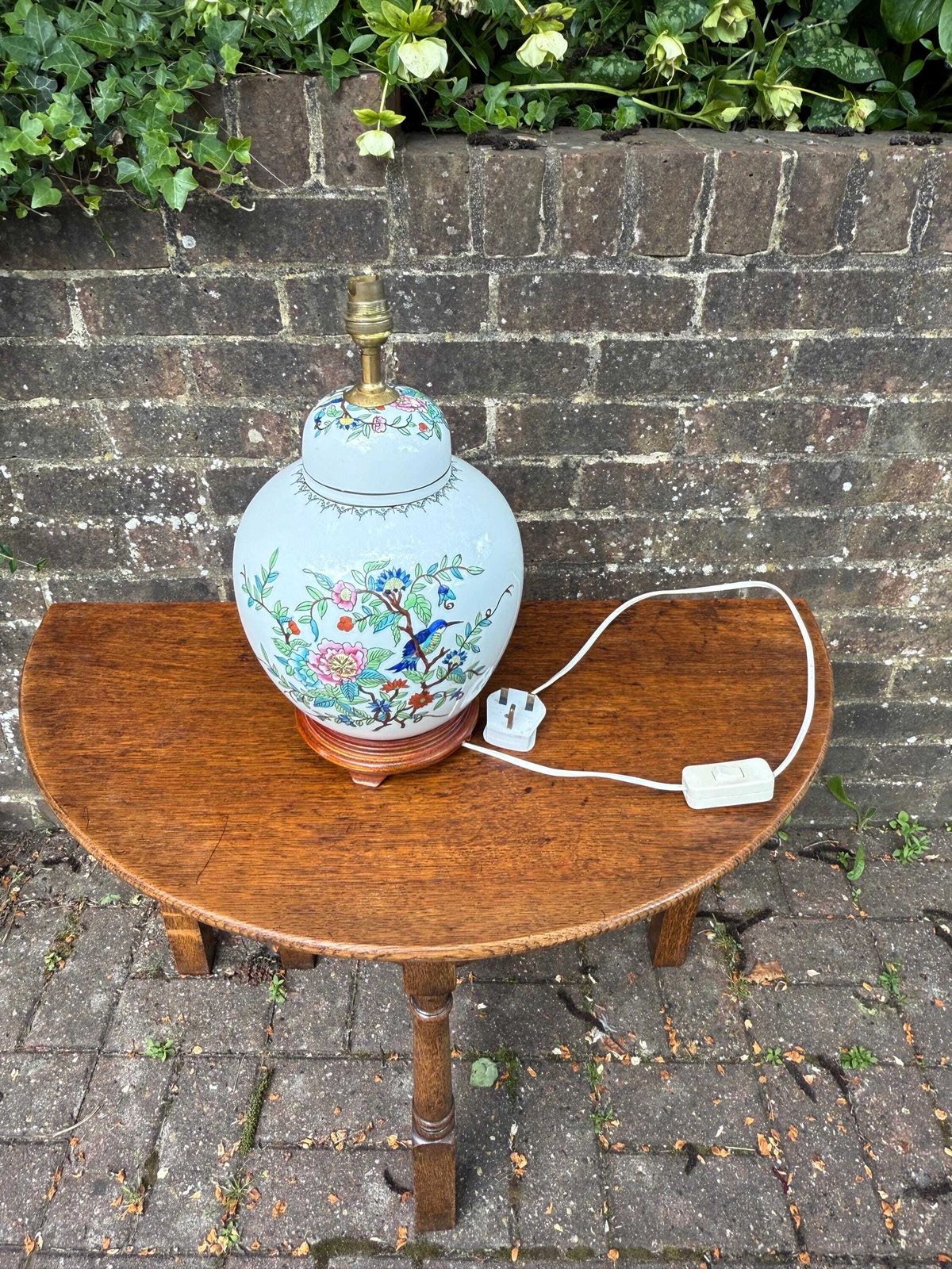 photo for sale Vintage Oriental Style Porcelain 1970s Lamp, Floral Chinoiserie Table Lamp With Wooden Base, Hand Painted, Working