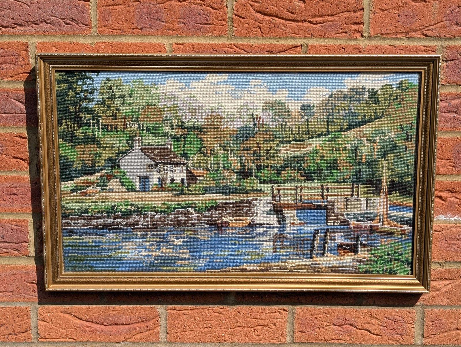 Vintage Handmade English Picturesque Completed Pill Creek Cornwall Tapestry Canvas, Signed & Dated 1993. Made In England.