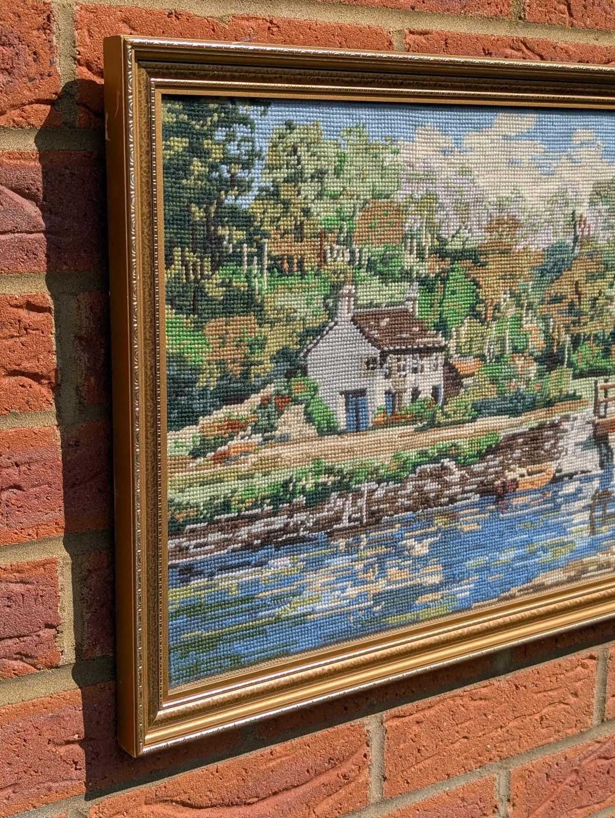 Vintage Handmade English Picturesque Completed Pill Creek Cornwall Tapestry Canvas, Signed & Dated 1993. Made In England. photo vinterior