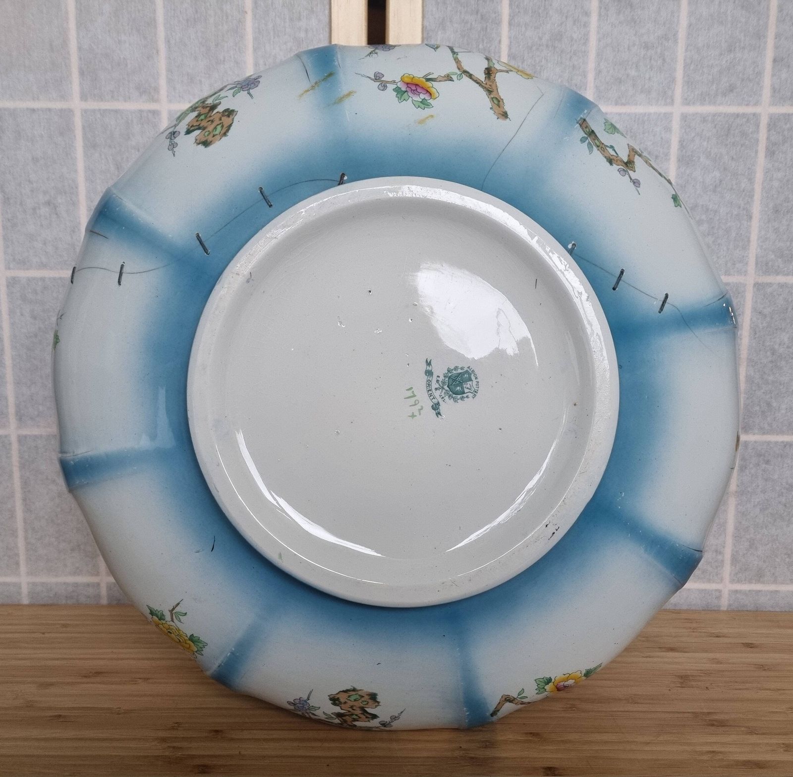 Huge Antique Decorative Bowl Rare Albion Pottery Orient Stapled Repair English photo for sale