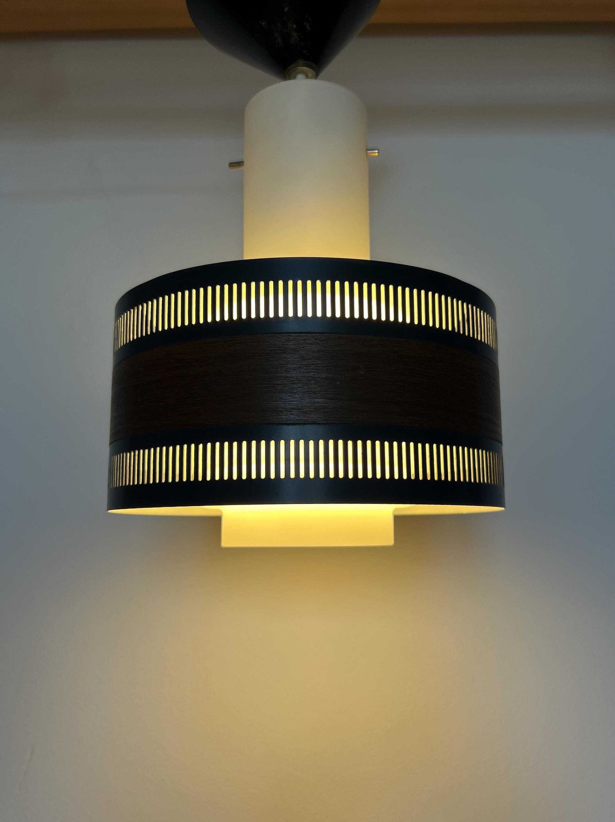 Vintage Pendant Lamp   Metal, (Milk) Glass, Wood Look   Scandinavian Design   Mid Century   50/60s photo Lighting
