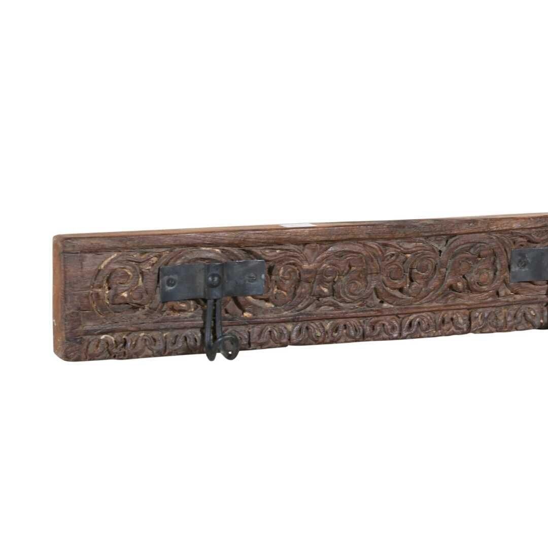 Antique Earth Brown Teak & Black Iron Coat Hook Panel, Vintage Indian Carved Wall Rack, 117cm photo furniture