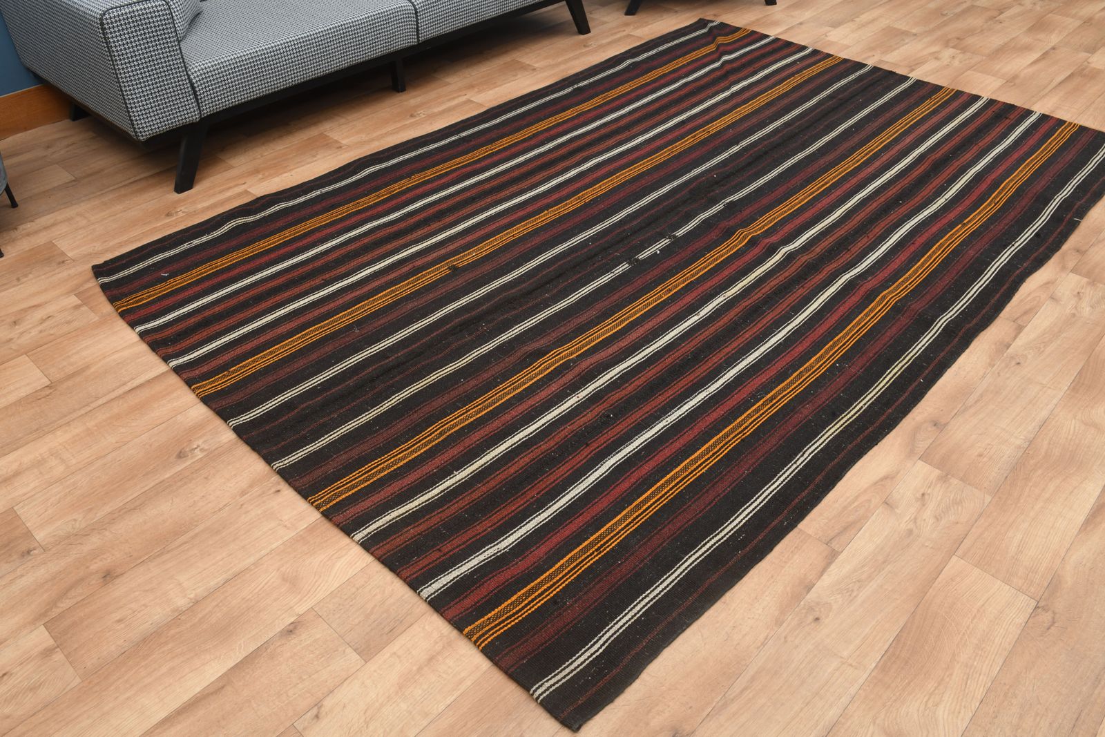 photo for sale 6'5x9'9 Ft, Flatweave Turkish Kilim, Handmade, Soft Wool, Striped Design, Black Red Color, Vintage Kilim, Farmhouse Decor, Rugs For Living Room, Star