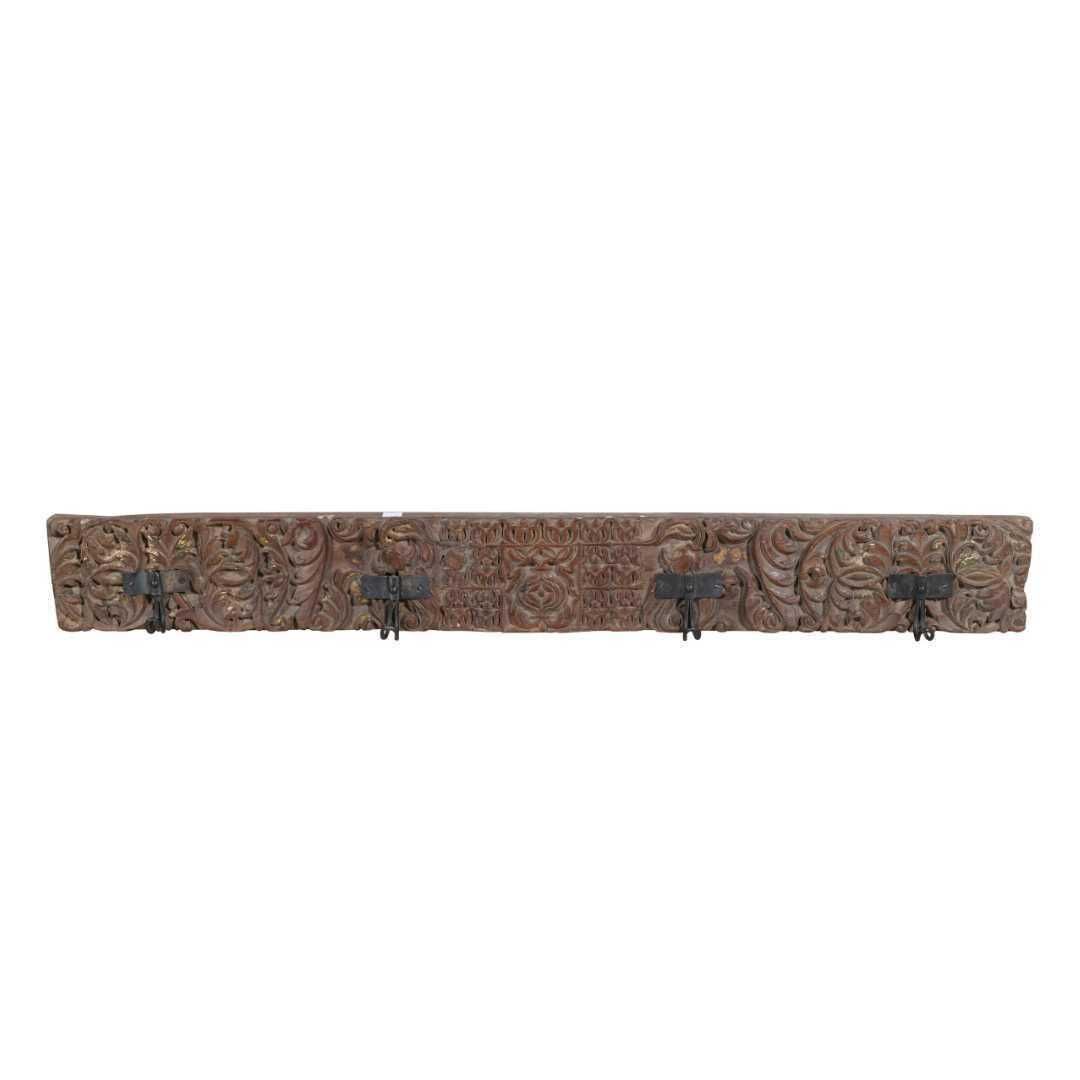 Antique Gilded Chestnut Teak & Black Iron Coat Hook Panel, Vintage Indian Carved Wall Rack, 125cm photo furniture
