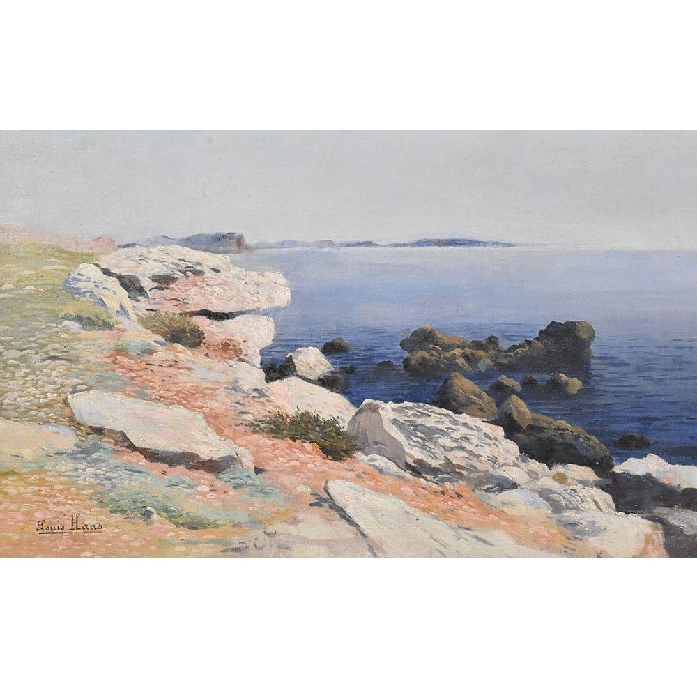 Antique Oil Seascape Painting With Marine, Oil On Canvas, 20th Century. photo furniture