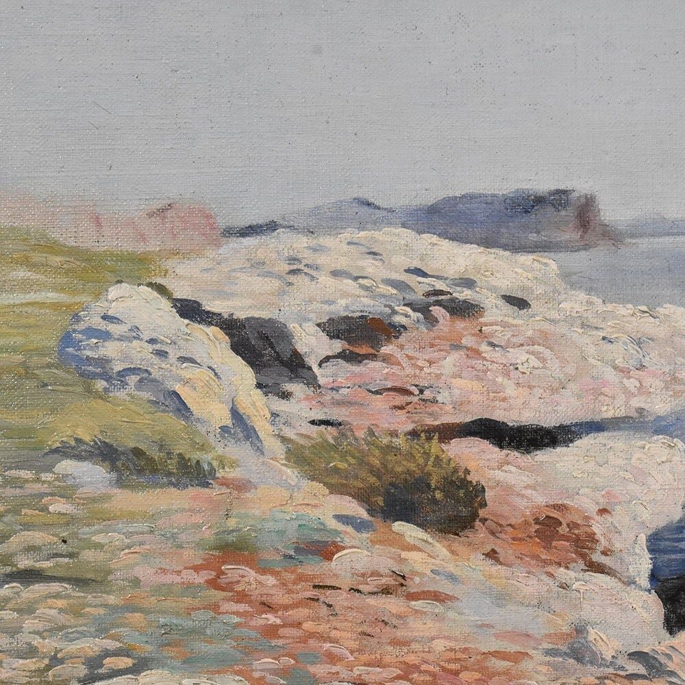 Antique Oil Seascape Painting With Marine, Oil On Canvas, 20th Century. photo Art