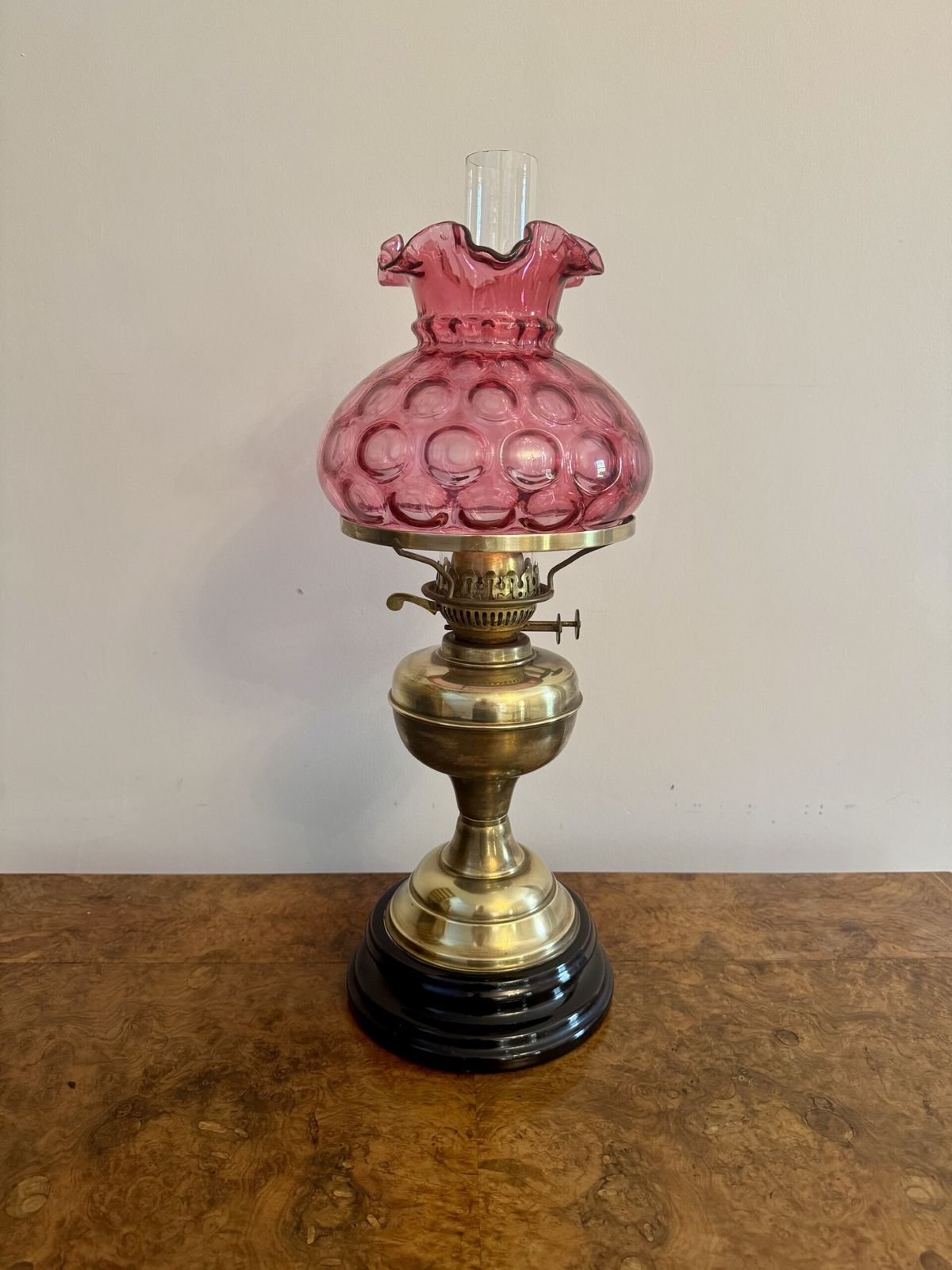 Pretty Antique Brass Oil Lamp With Cranberry Glass Shade photo furniture