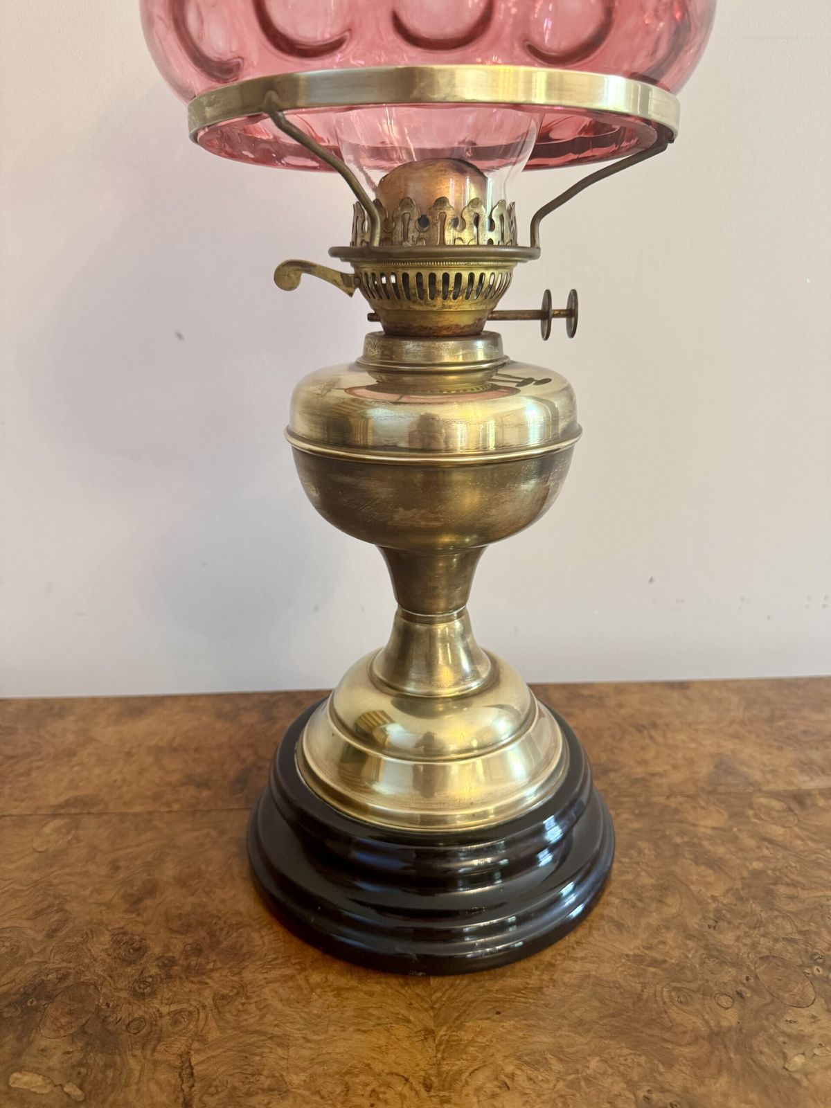 Pretty Antique Brass Oil Lamp With Cranberry Glass Shade photo for sale