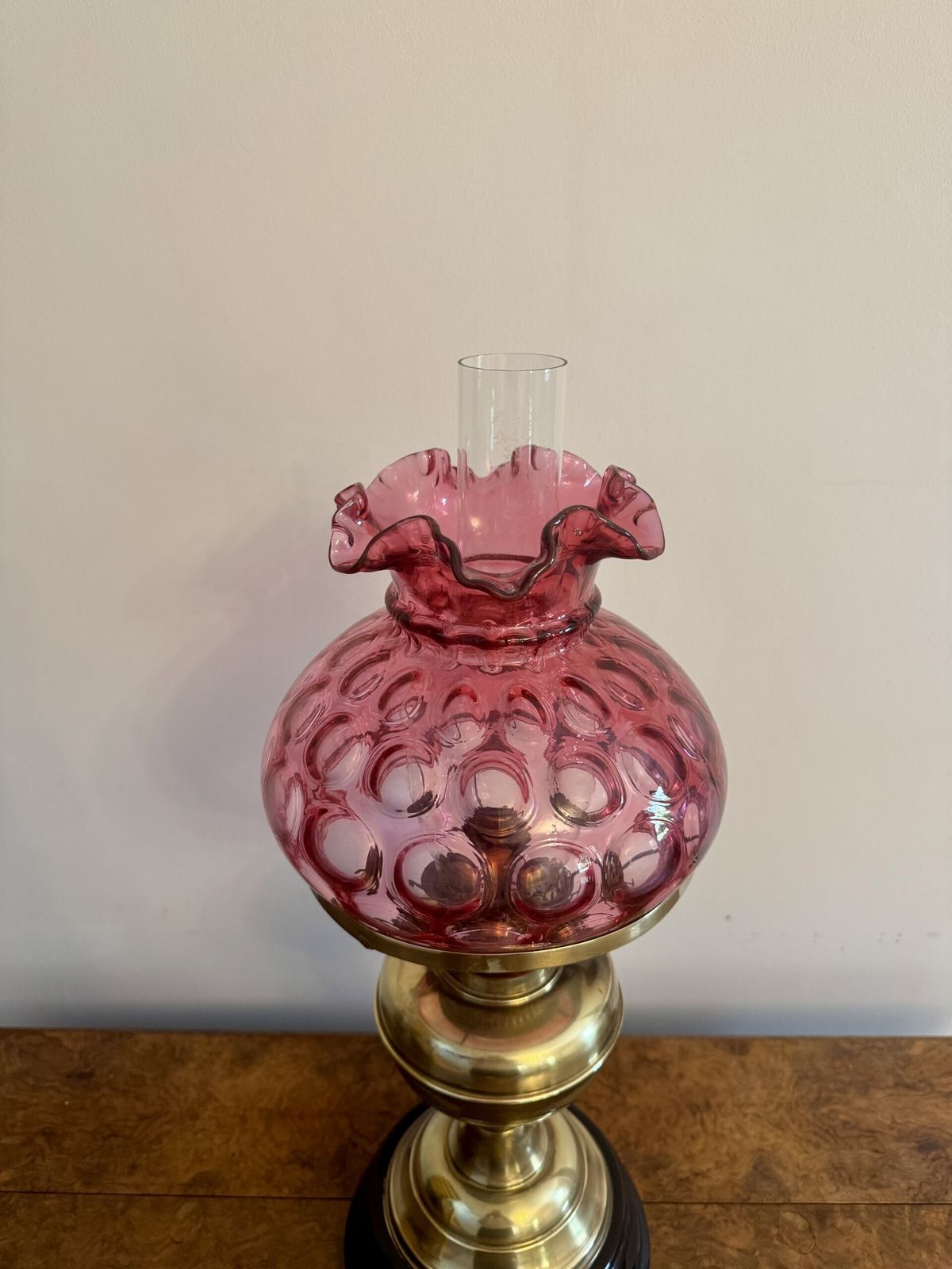 Pretty Antique Brass Oil Lamp With Cranberry Glass Shade photo 465.0