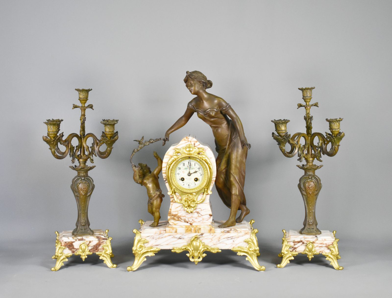 Large French Art Nouveau Mantel Clock And Garniture