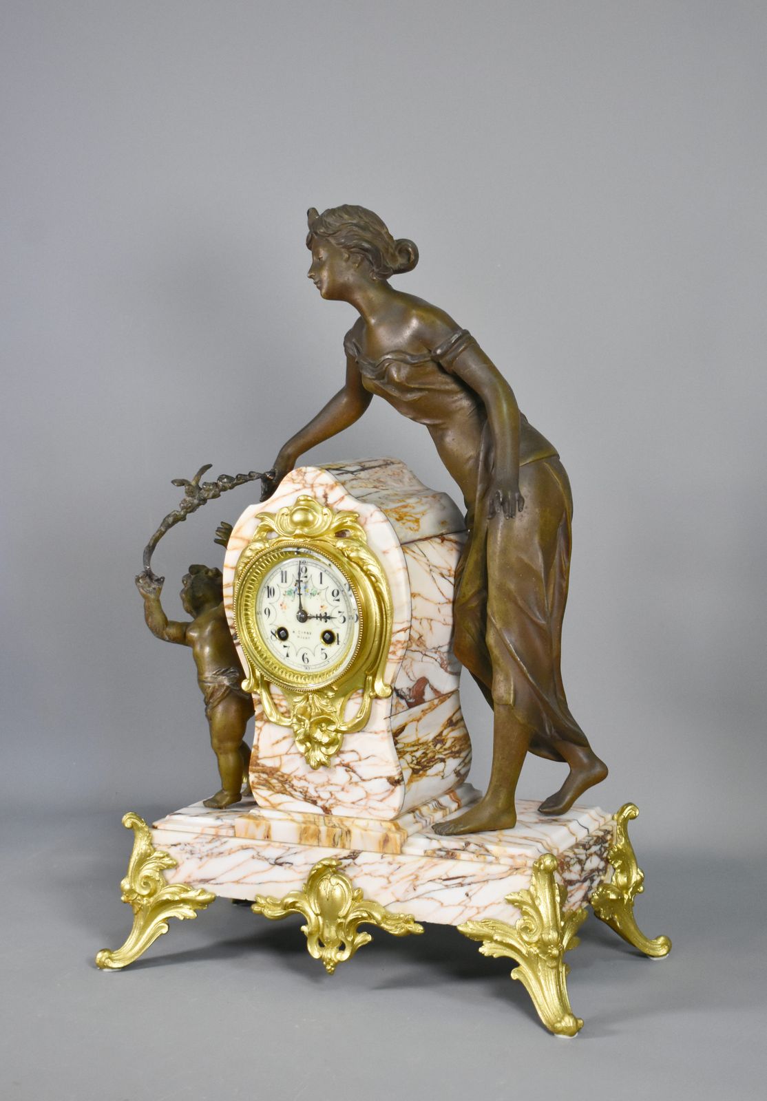 Large French Art Nouveau Mantel Clock And Garniture photo vintage