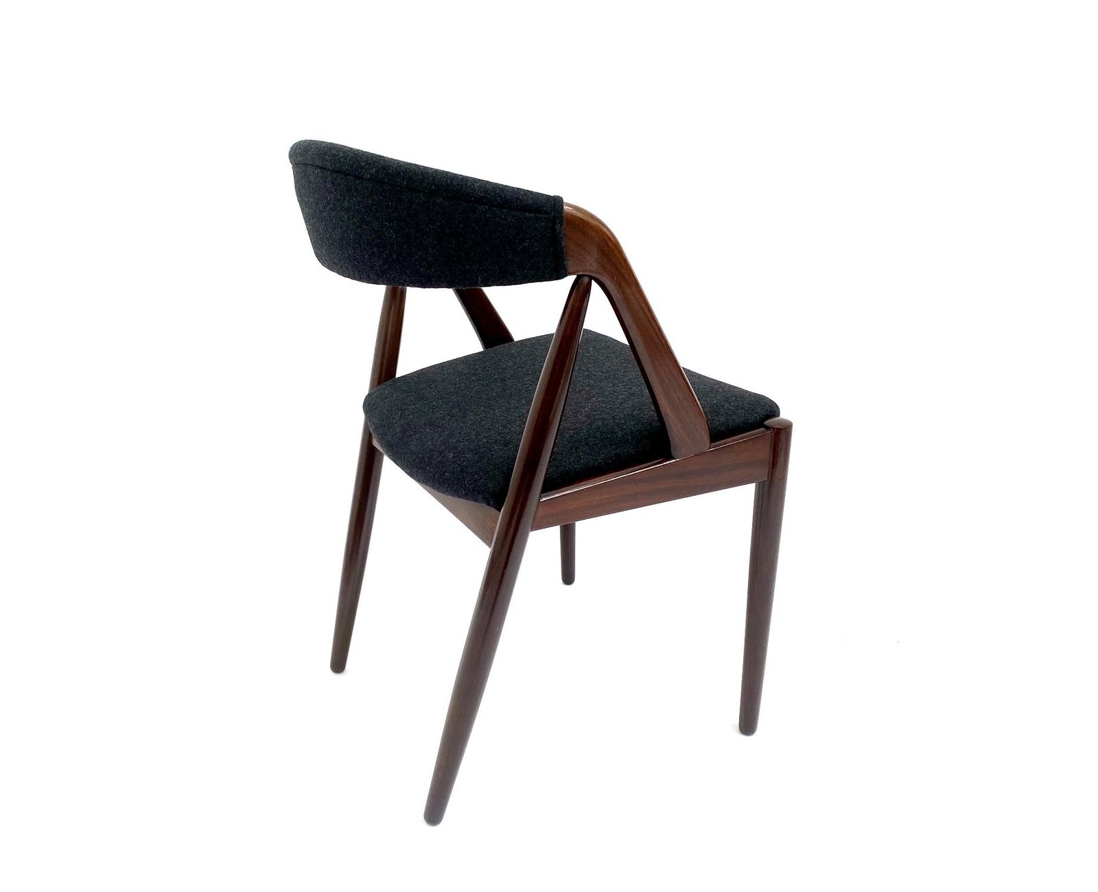 photo for sale Danish Kai Kristiansen For Shou Andersen Model 31 Set Of 6 Teak And Charcoal Black Wool Dining Chairs Mid Century 1960s