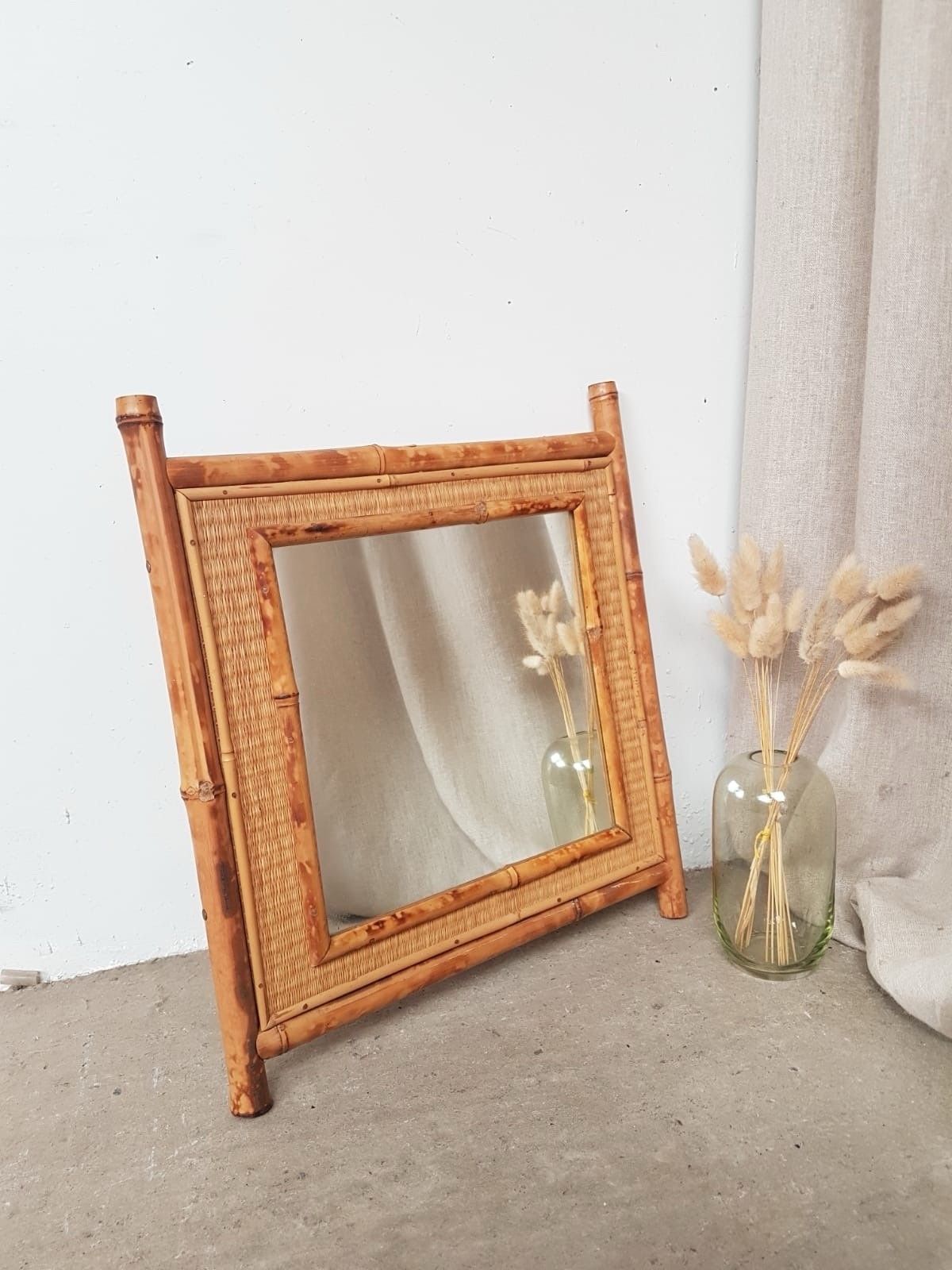 Vtg Mid Century Tiki Bamboo Wicker Boho Wall Hallway Mirror Retro R843