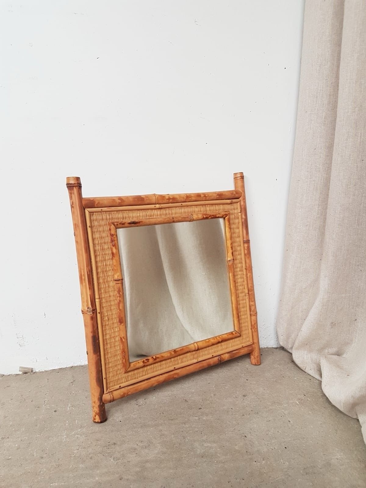 Vtg Mid Century Tiki Bamboo Wicker Boho Wall Hallway Mirror Retro R843 photo Home Decor