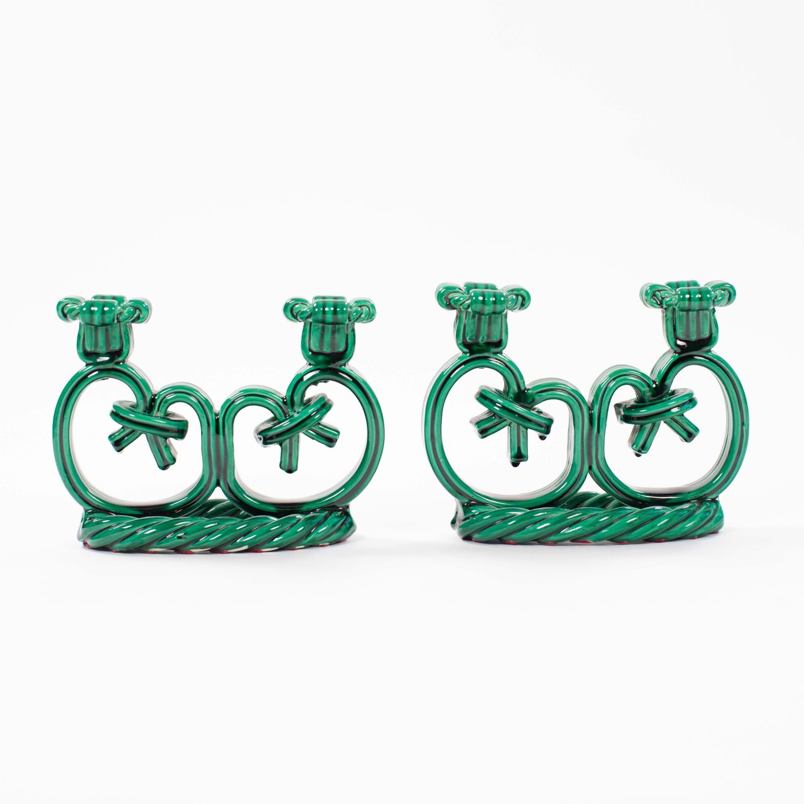 Pair Of French Art Déco Ceramic Candlesticks In Fir Green Cord Look 1930s photo furniture