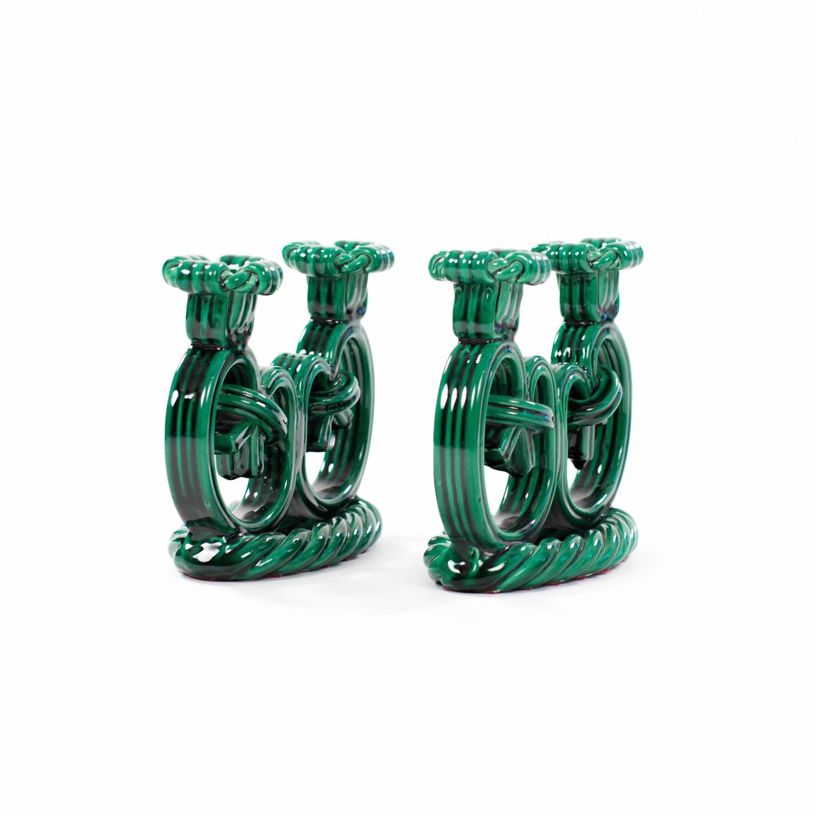 Pair Of French Art Déco Ceramic Candlesticks In Fir Green Cord Look 1930s photo vinterior