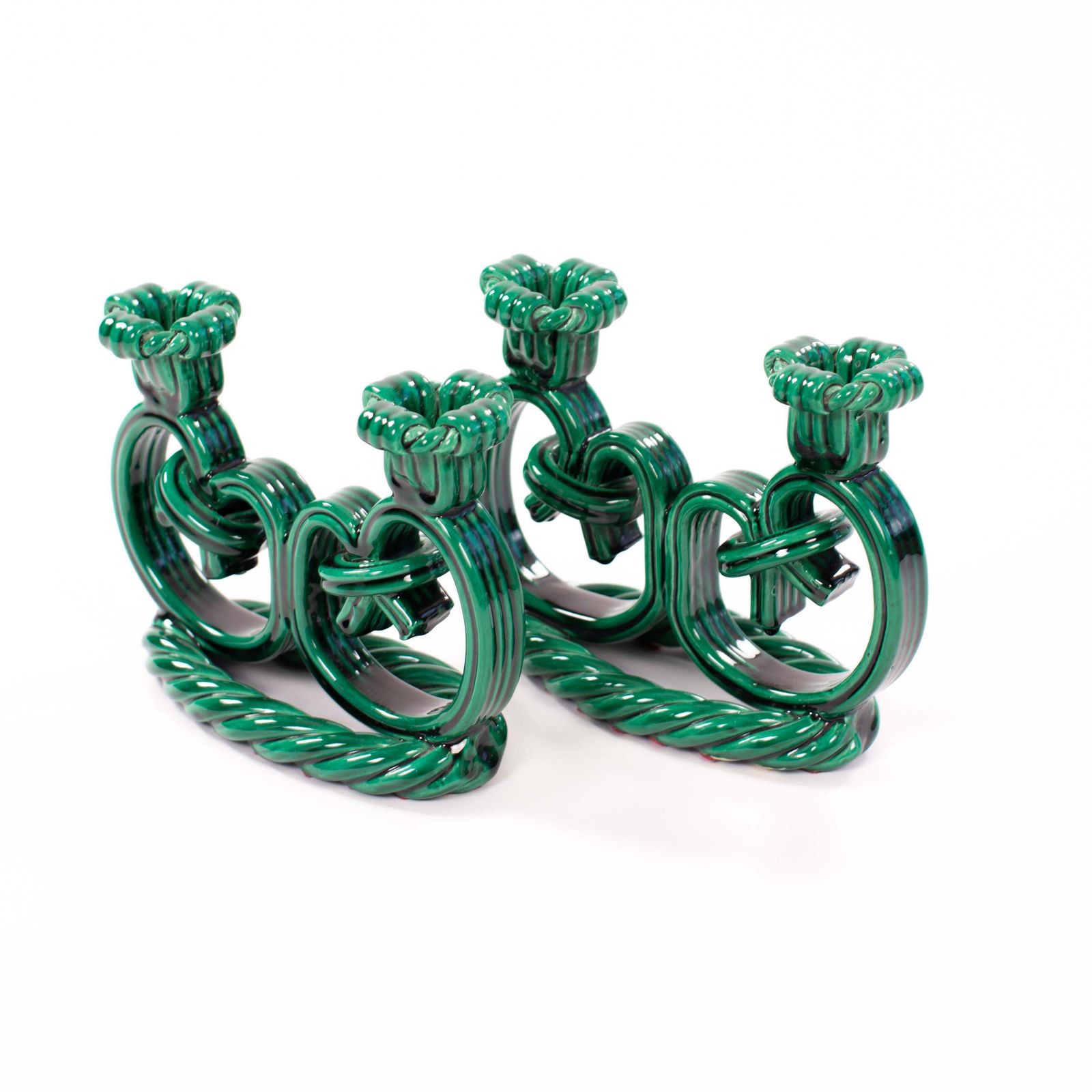 Pair Of French Art Déco Ceramic Candlesticks In Fir Green Cord Look 1930s photo vintage