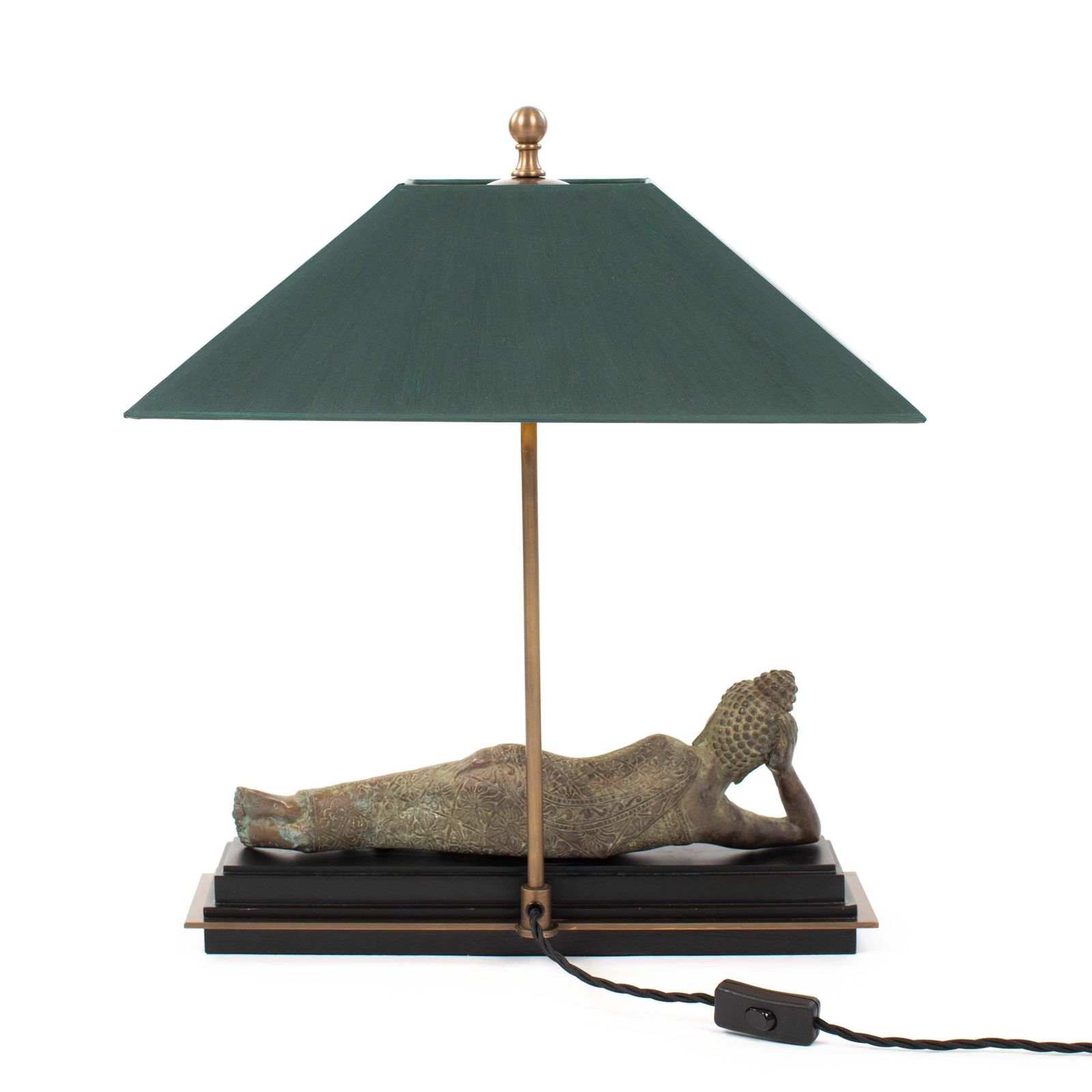 Asian Figural Bronze Table Lamp Of A Lying Buddha With Green Shade Myanmar 1920s photo buy