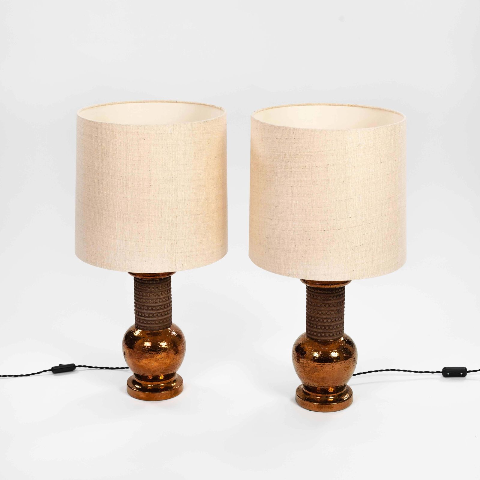 Pair Of Mid Century Copper Colored Ceramik Table Lamps Signed Bergboms Sweden photo for sale