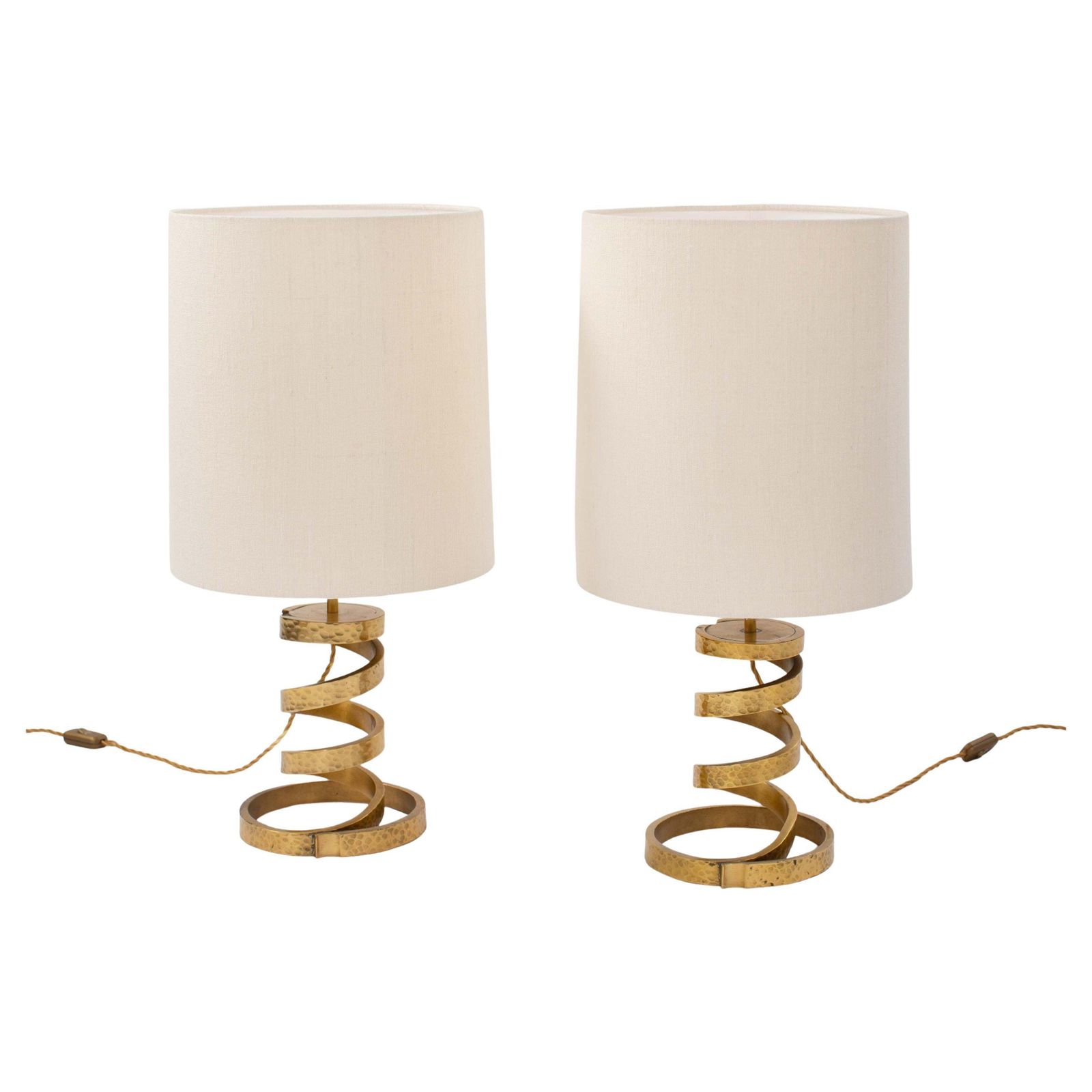 Pair Of Mid Century Turned Brass Table Lamps Silk Shade By Luciano Frigerio 1960