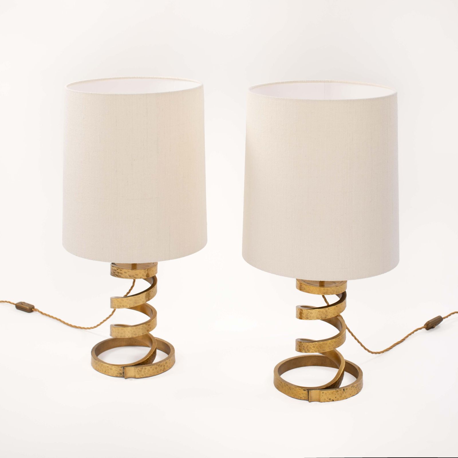 Pair Of Mid Century Turned Brass Table Lamps Silk Shade By Luciano Frigerio 1960 photo furniture