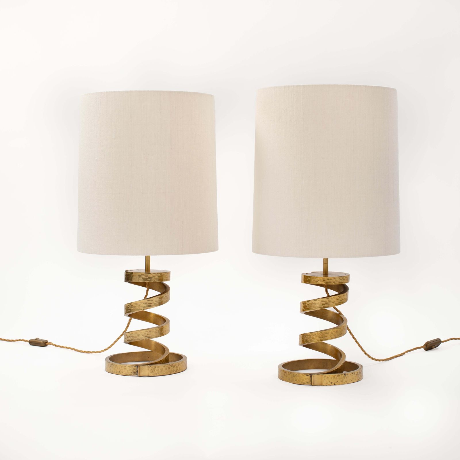 Pair Of Mid Century Turned Brass Table Lamps Silk Shade By Luciano Frigerio 1960 photo for sale