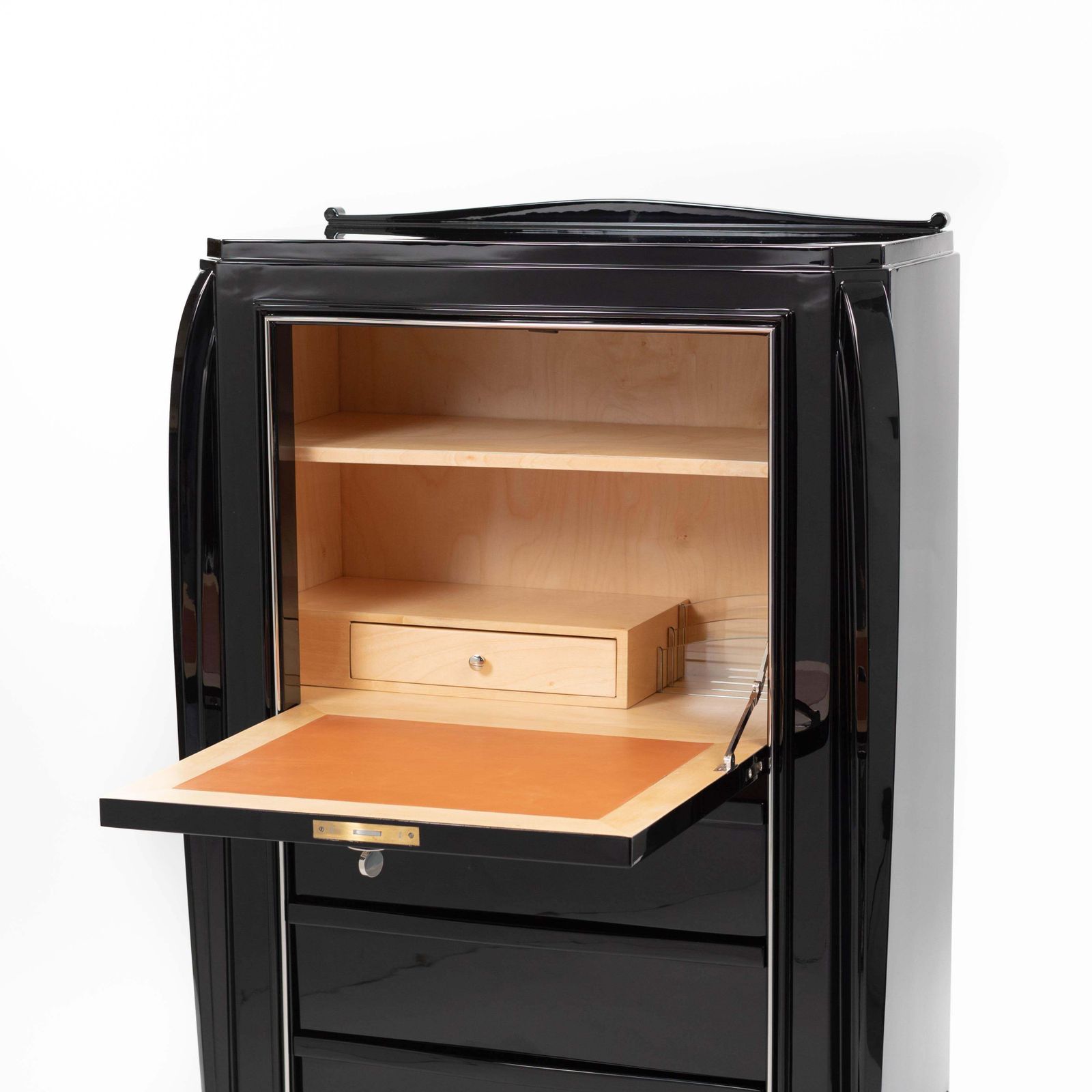 French Art Déco Secretaire Black High Gloss Lacquer Nickel Plated Fittings 1925 photo vintage