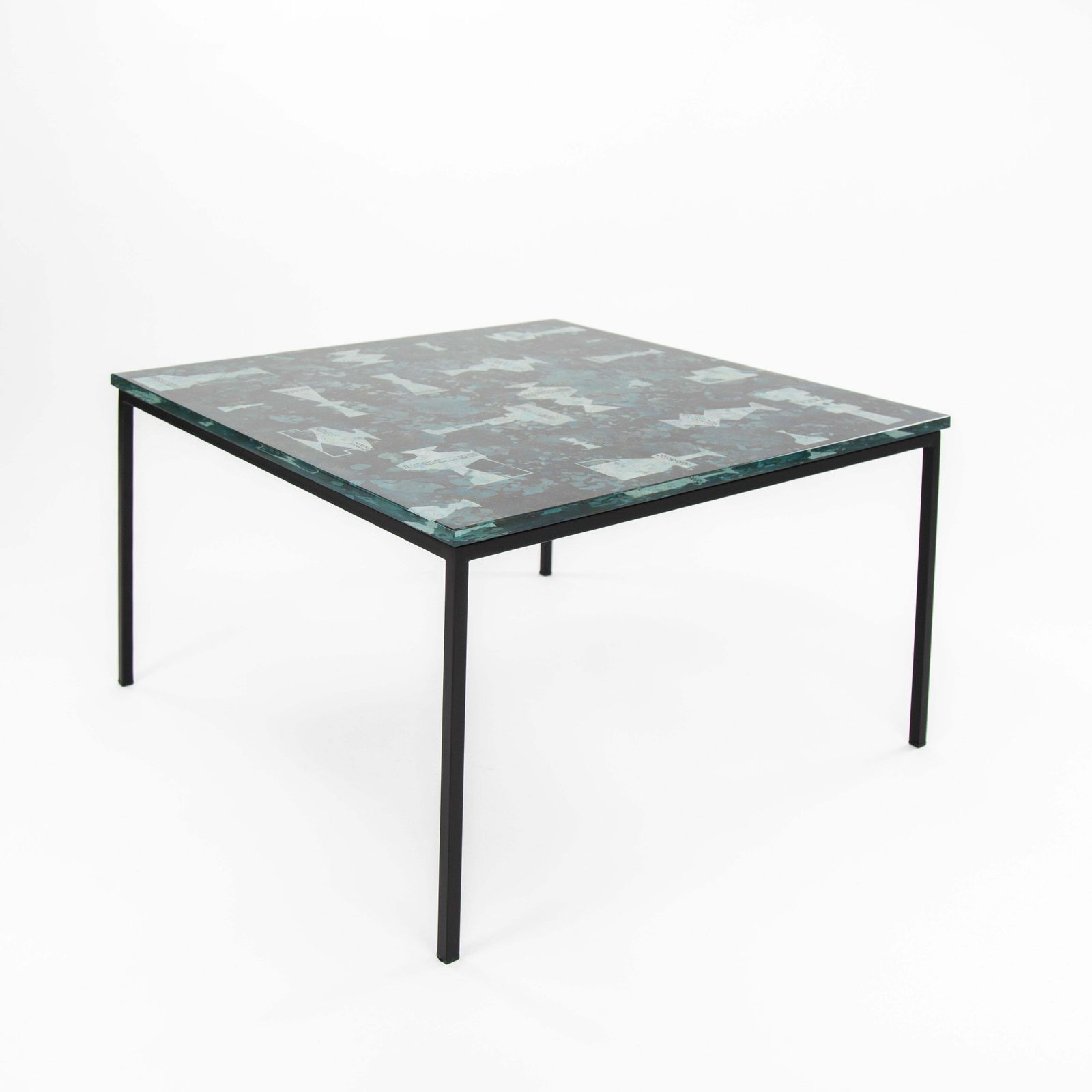 Italian Mid Century Sofa Table Abstract Decor In Turquoise Green Gold Glass Top photo for sale