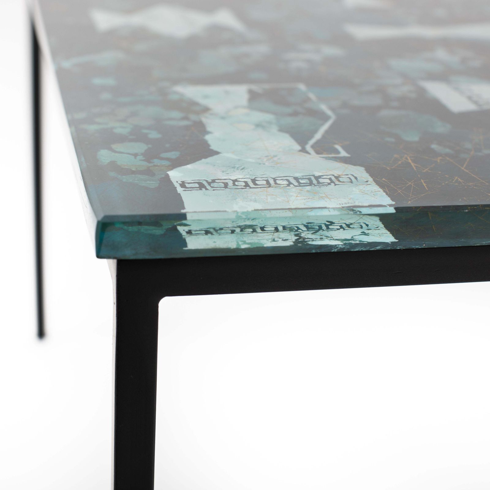 photo furniture Italian Mid Century Sofa Table Abstract Decor In Turquoise Green Gold Glass Top
