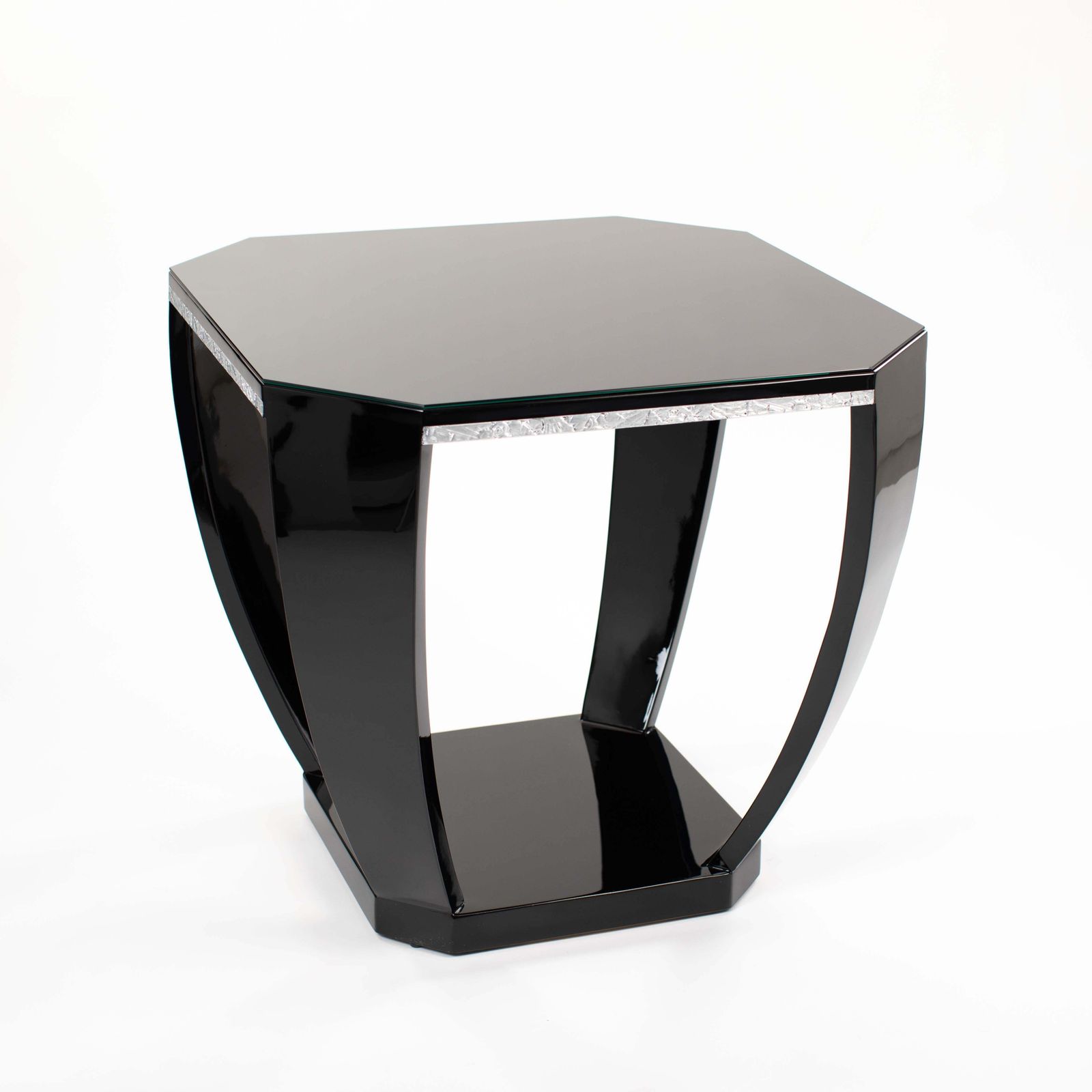 French Art Déco Gueridon Black High Gloss Lacquer Silver Plated Carvings 1920s photo buy